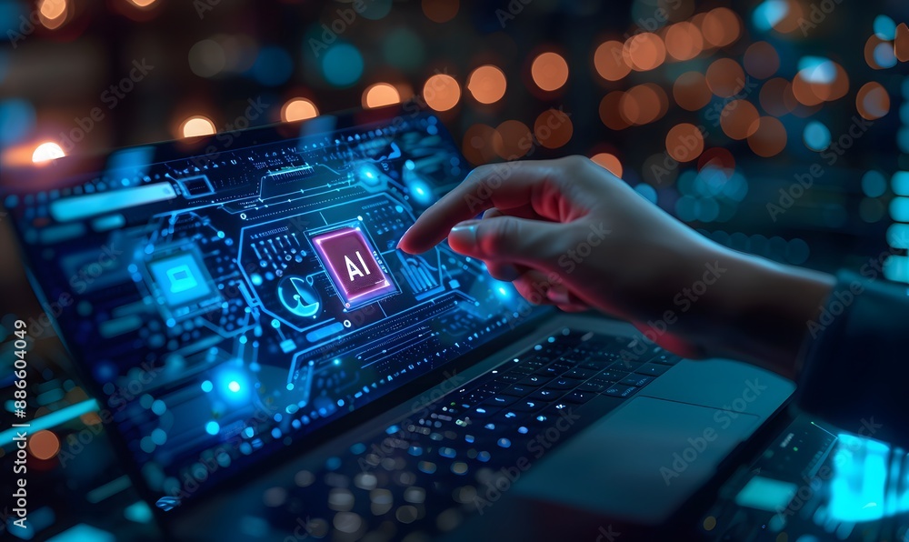 Obraz premium Hand using AI with laptop at night.