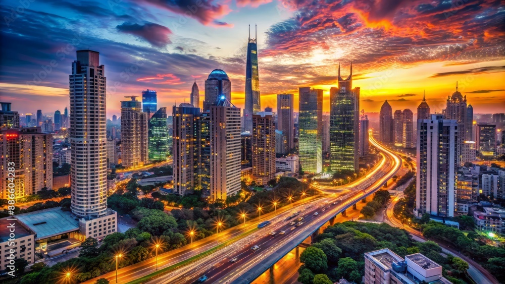 Obraz premium Vibrant cityscape at dusk, sprawling metropolis with towering skyscrapers, neon streetlights, and bustling roads, capturing urban grandeur and mesmerizing nocturnal beauty.