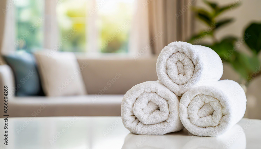 roll up of white towels on white table with copy space on blurred living room background roll up of white towels on white table with copy space on blurred living room background