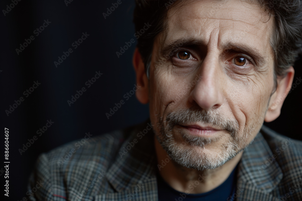 Close-up portrait of a middle aged man of European descent, studio photo, against a sleek gray studio backdrop Close-up portrait of a middle aged man of European descent, studio photo, against a sleek gray studio backdrop
