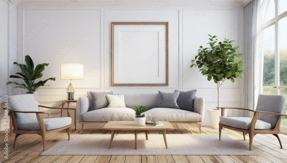 Scandinavian interior poster mock up with horizontal wooden frames, light grey sofa on wooden floor, wooden side table and green plant in living room with white wall. 3d illustrations. Scandinavian interior poster mock up with horizontal wooden frames, light grey sofa on wooden floor, wooden side table and green plant in living room with white wall. 3d illustrations.