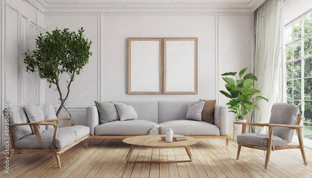 Scandinavian interior poster mock up with horizontal wooden frames, light grey sofa on wooden floor, wooden side table and green plant in living room with white wall. 3d illustrations. Scandinavian interior poster mock up with horizontal wooden frames, light grey sofa on wooden floor, wooden side table and green plant in living room with white wall. 3d illustrations.