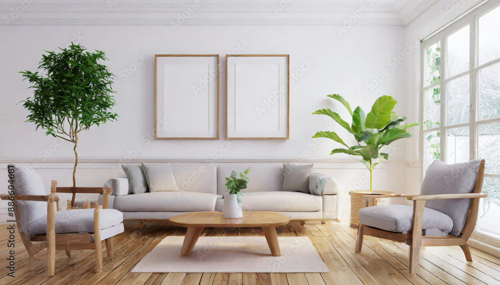 Scandinavian interior poster mock up with horizontal wooden frames, light grey sofa on wooden floor, wooden side table and green plant in living room with white wall. 3d illustrations. Scandinavian interior poster mock up with horizontal wooden frames, light grey sofa on wooden floor, wooden side table and green plant in living room with white wall. 3d illustrations.