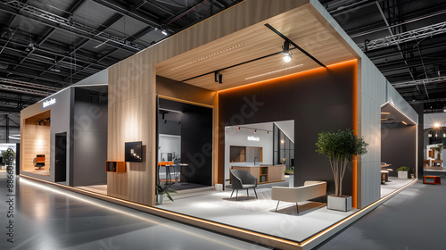 Contemporary trade show booth with sleek design and modern furniture photo