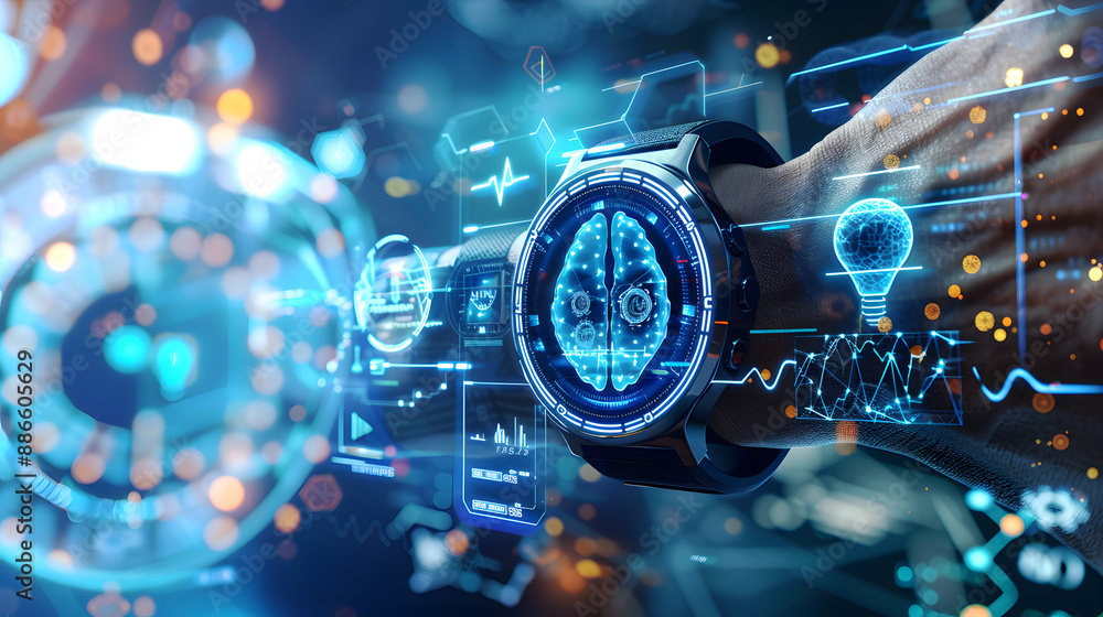 Futuristic smartwatch with holographic health data Futuristic smartwatch with holographic health data