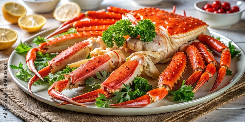 Luxurious seafood arrangement featuring a giant lobster claw and king crab legs artfully plated on a crisp white linen tablecloth with fresh parsley garnish. Luxurious seafood arrangement featuring a giant lobster claw and king crab legs artfully plated on a crisp white linen tablecloth with fresh parsley garnish.