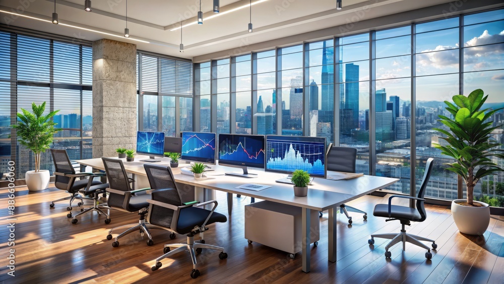 Modern office setting with sleek furniture, large screens, and scattered financial charts and graphs, conveying dynamic business strategy and investment planning in progress. Modern office setting with sleek furniture, large screens, and scattered financial charts and graphs, conveying dynamic business strategy and investment planning in progress.