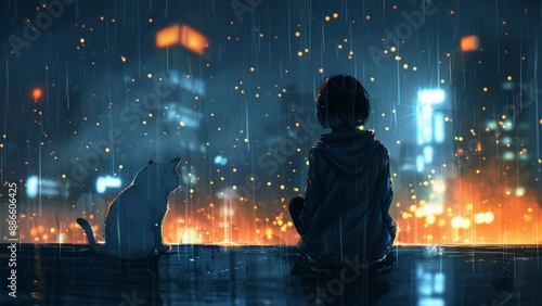 Girl and cat in the rain. Concept of depression and loneliness
