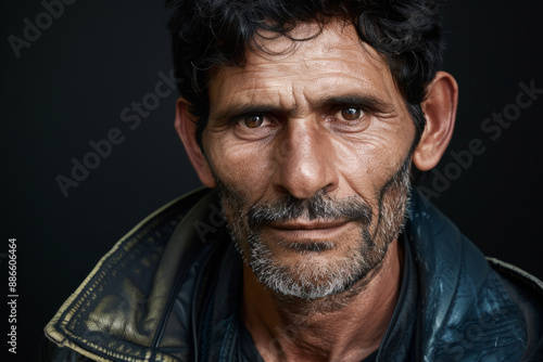 Close-up portrait of a middle aged Indigenous man, studio photo, against a sleek gray studio backdrop 