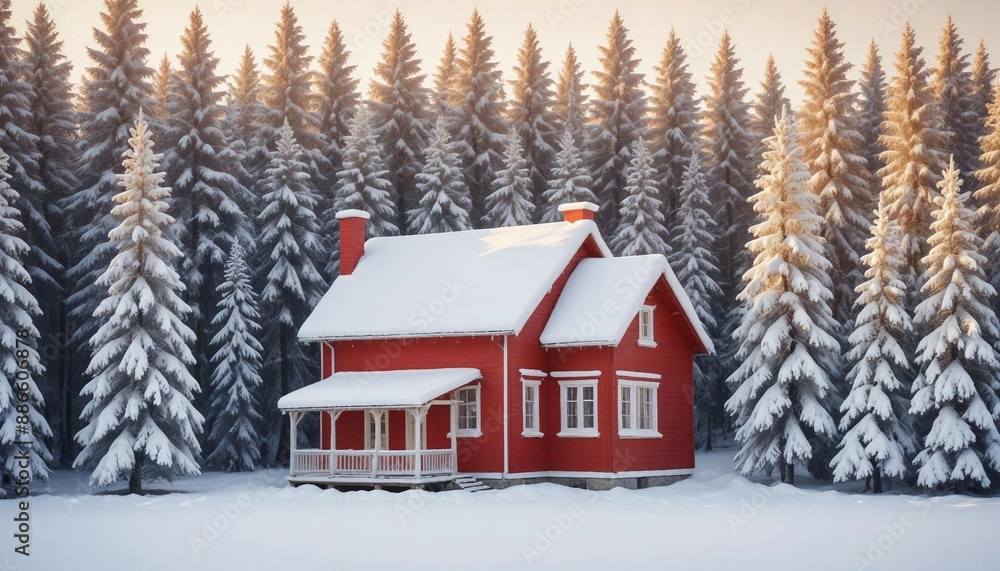 a beautiful red small house in winter with lots of fresh snow and pine trees around a beautiful red small house in winter with lots of fresh snow and pine trees around