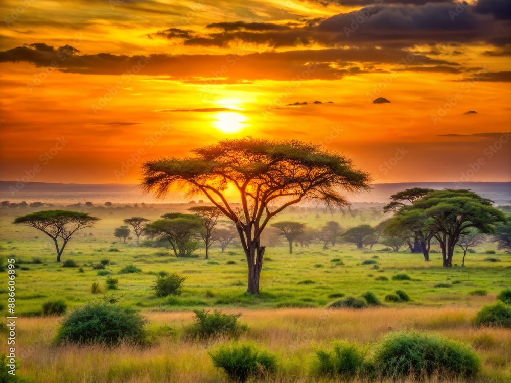 Naklejka premium Vibrant orange sunrise casts a warm glow over a serene African savannah, with acacia trees dotting the lush green grassy landscape, void of human presence.