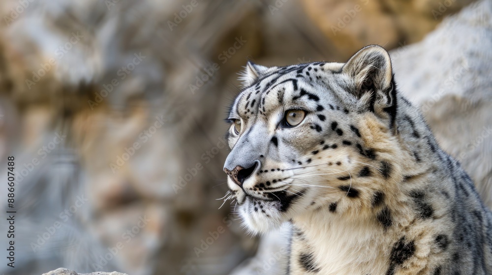Close up portrait of a snow leopard with intense gaze. Close up portrait of a snow leopard with intense gaze.
