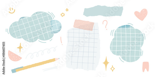 Doodle memo clouds and torn notes, grip paper, small drawing elements like stars and heart. journal vector box, notebook shape