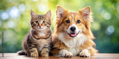 A heartwarming photograph of a cute kitten and a dog sitting together. The background is a soft blur of greenery, highlighting the animals' expressive faces and warm companionship © Anhen Design