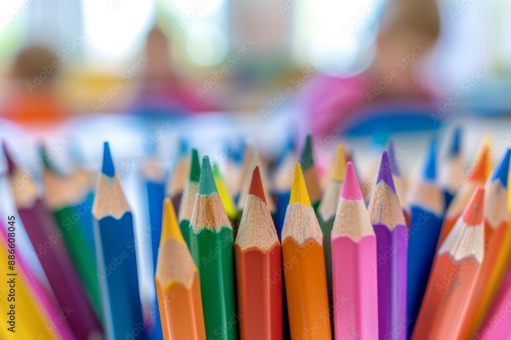 Close up of coloring pencils in a classroom Close up of coloring pencils in a classroom