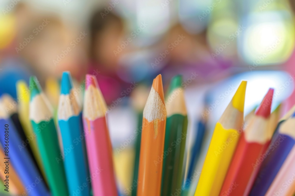 Close up of coloring pencils in a classroom Close up of coloring pencils in a classroom