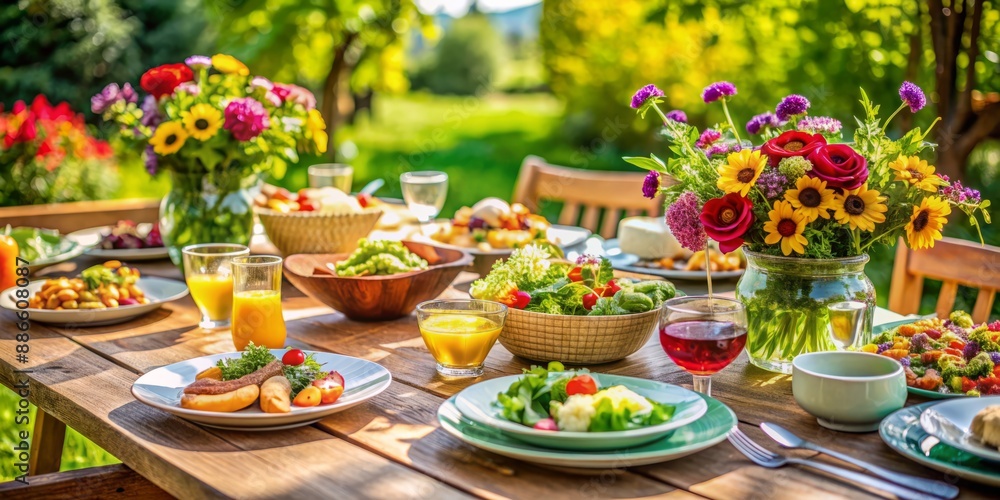 Vibrant garden table setting with assorted salads, drinks, and flowers, awaiting a joyful gathering of multiethnic diverse family and friends for a celebration feast. Vibrant garden table setting with assorted salads, drinks, and flowers, awaiting a joyful gathering of multiethnic diverse family and friends for a celebration feast.