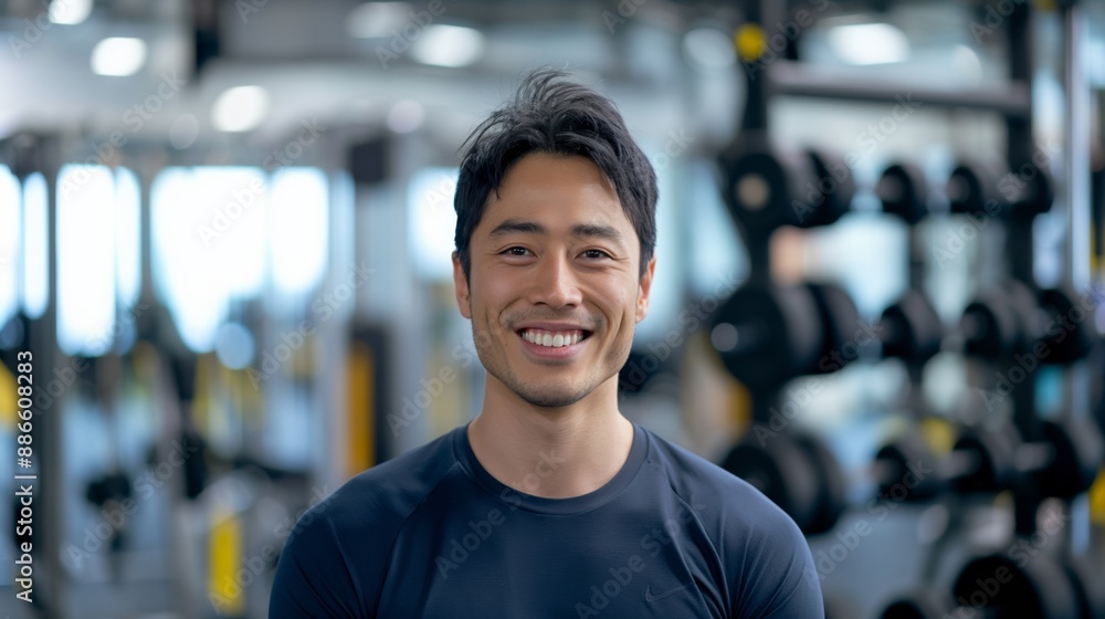 Smiling man in modern gym during daytime workout. Smiling man in modern gym during daytime workout.