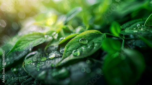 Water drop from green leaf on summer background 