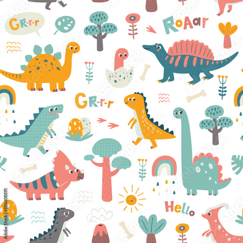 Kids baby pattern with cute dinosaurs, volcano, dino egg, rainbow and trees
