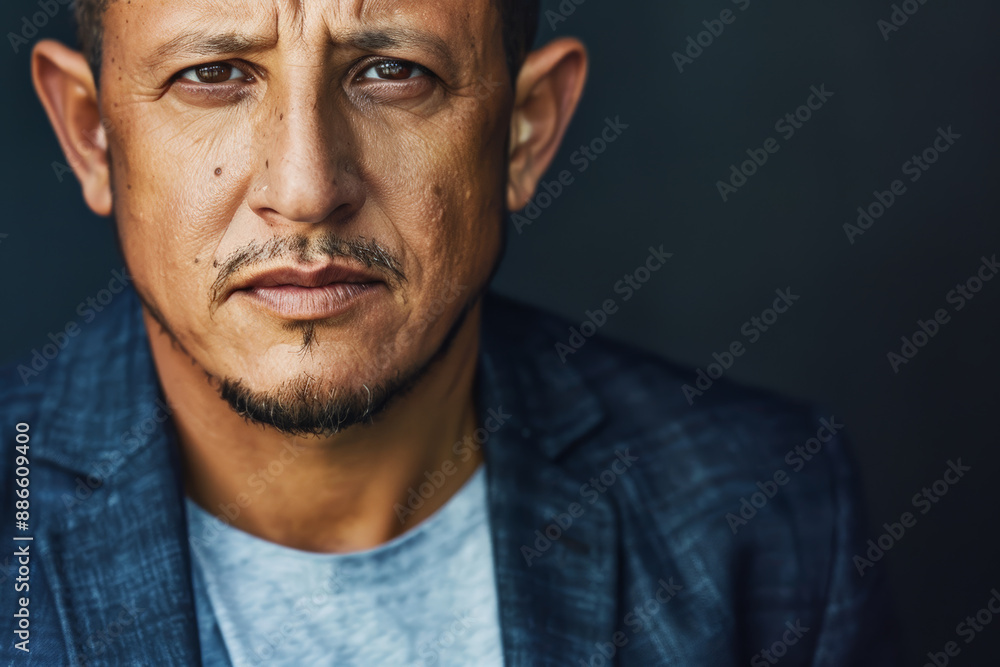 Obraz premium Close-up portrait of a middle aged Latino man, studio photo, against a sleek gray studio backdrop