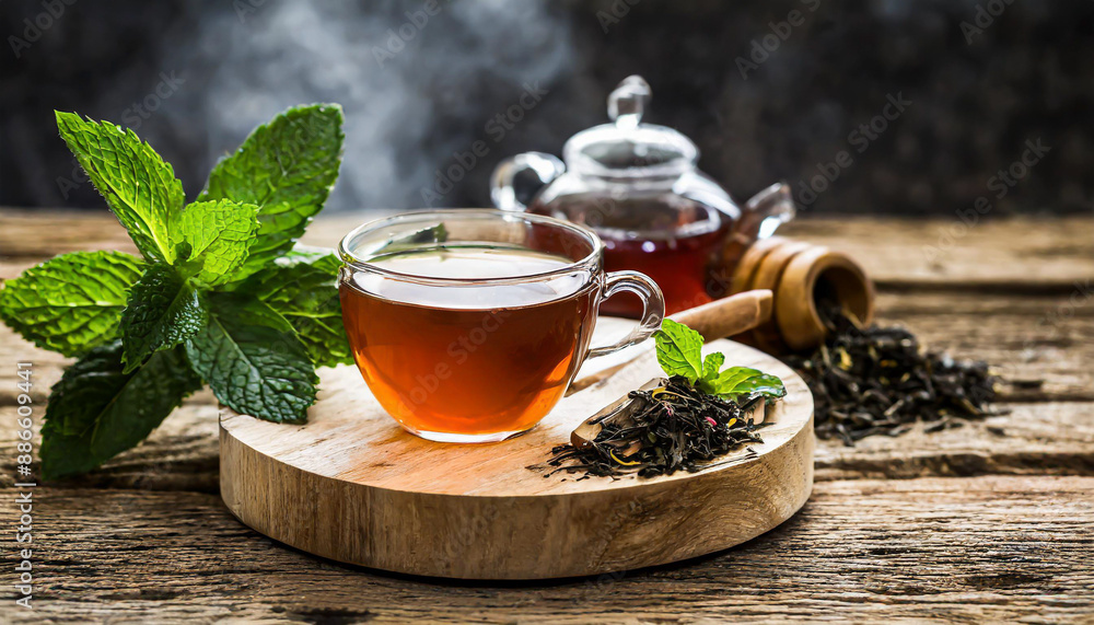 Tea composition with mint leaf on wooden palette Tea composition with mint leaf on wooden palette