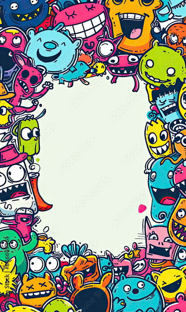 Vector cute funny monsters set collection like a circle frame Vector cute funny monsters set collection like a circle frame