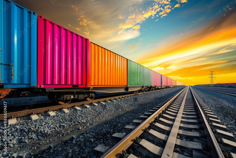 Vibrant freight train containers on a railway track Vibrant freight train containers on a railway track