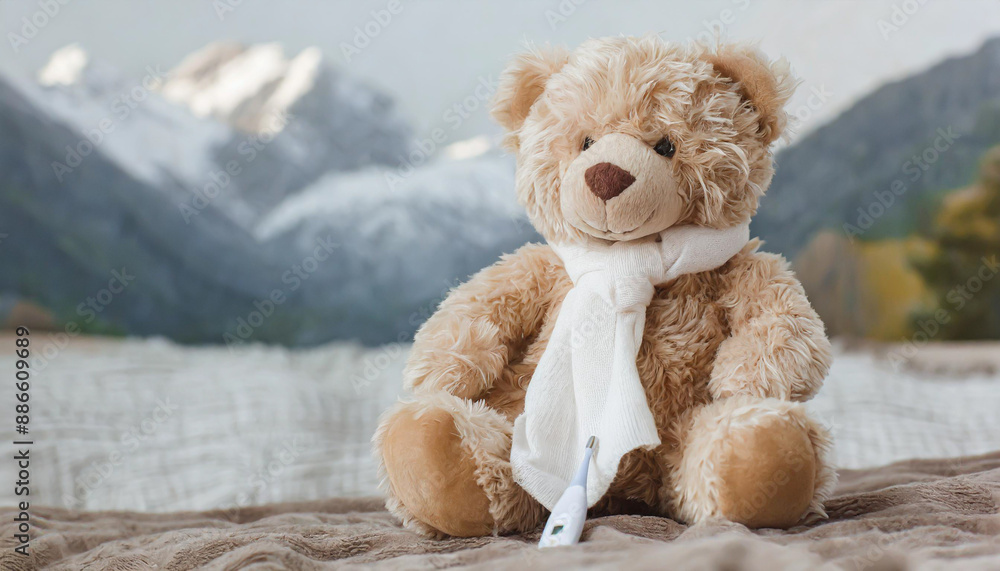 children's toy teddy bear sits with a bandaged head. Childhood trauma concept children's toy teddy bear sits with a bandaged head. Childhood trauma concept