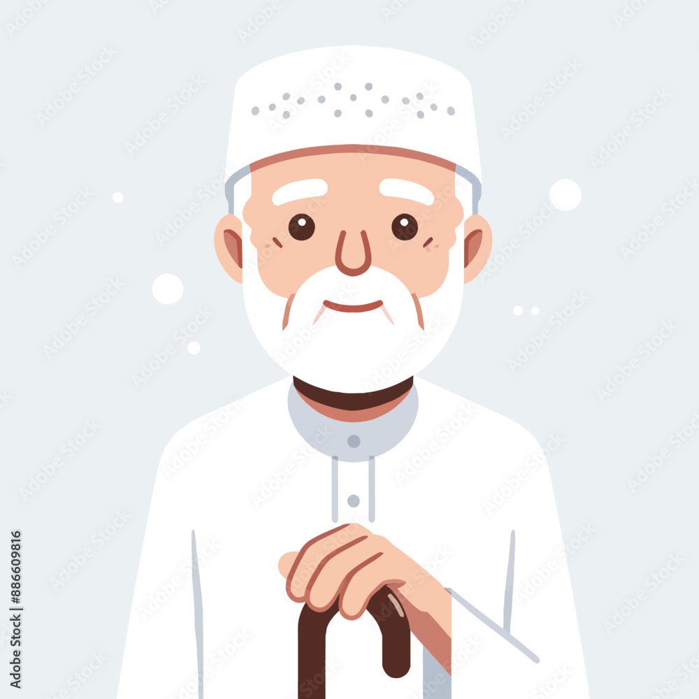 Cartoon of an old Muslim grandfather with a cane Cartoon of an old Muslim grandfather with a cane