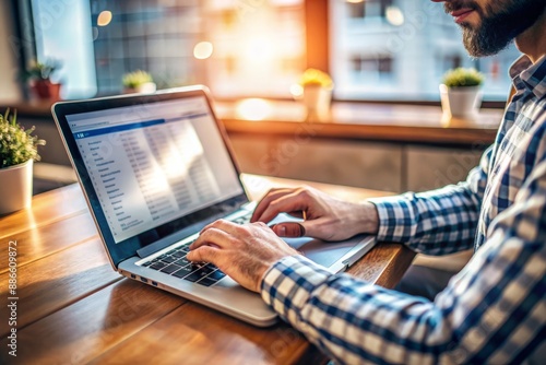 Closeup of male hands typing on laptop keyboard, blurred screen displaying emails and messages, symbolizing modern professional's online communication and remote work lifestyle.