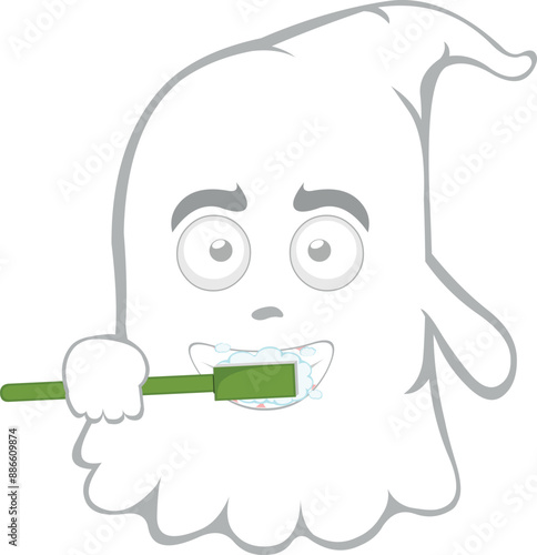 vector illustration character ghost cartoon, brushing his teeth with a toothbrush