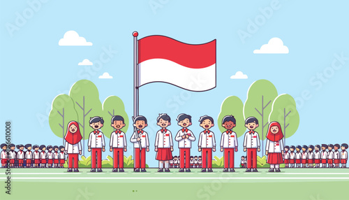 illustration of school children participating in an Indonesian independence ceremony