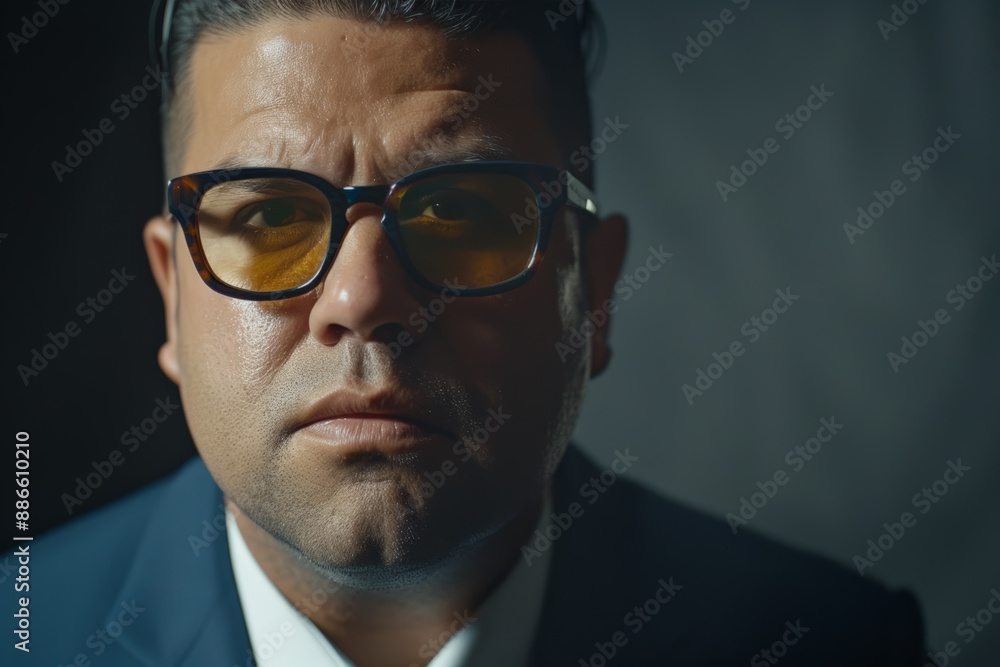 Close-up portrait of a middle aged Latino man, studio photo, against a sleek gray studio backdrop Close-up portrait of a middle aged Latino man, studio photo, against a sleek gray studio backdrop