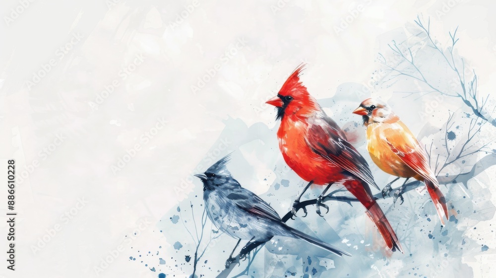 Beautiful watercolor painting of three vibrant cardinals perched on a branch during winter, showcasing nature's tranquility. Beautiful watercolor painting of three vibrant cardinals perched on a branch during winter, showcasing nature's tranquility.