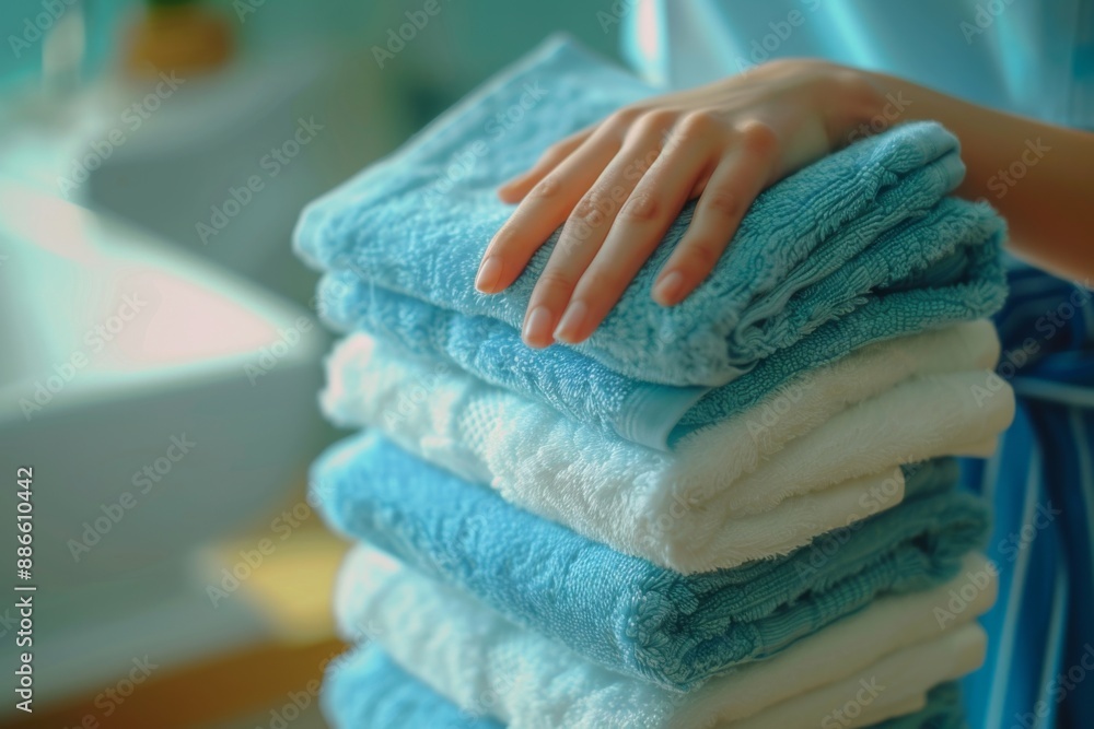 Hands of hotel maid putting fresh towels on bed Hands of hotel maid putting fresh towels on bed
