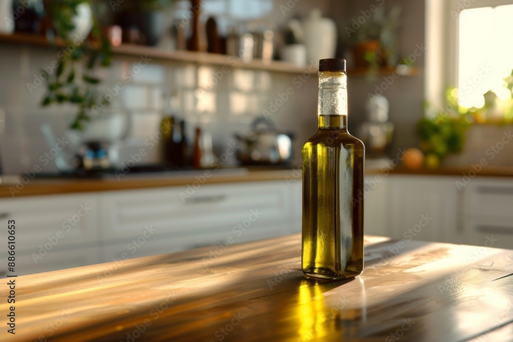 Bottle of olive oil on counter top in kitchen Bottle of olive oil on counter top in kitchen