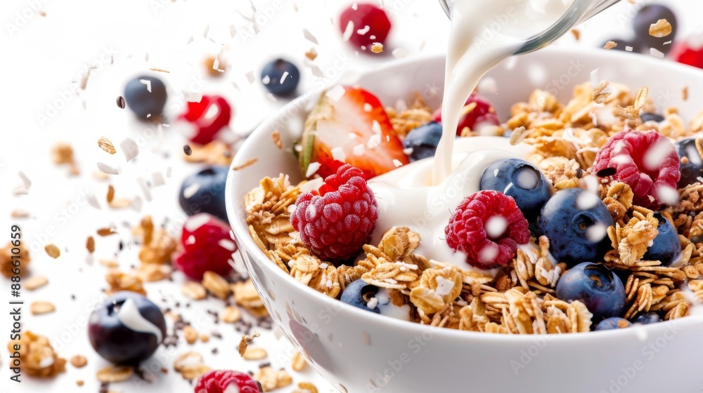 Fresh milk or yogurt pouring over a bowl of cereal flakes and berries fruits cold naturiouse breakfast, on white background Fresh milk or yogurt pouring over a bowl of cereal flakes and berries fruits cold naturiouse breakfast, on white background