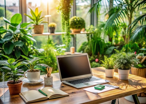 Cozy desk setup with open laptop, scattered documents, and lush green plants, evoking a sense of productivity and comfort in a remote work environment.