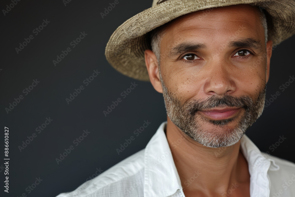 Close-up portrait of a middle aged Latino man, studio photo, against a sleek gray studio backdrop Close-up portrait of a middle aged Latino man, studio photo, against a sleek gray studio backdrop