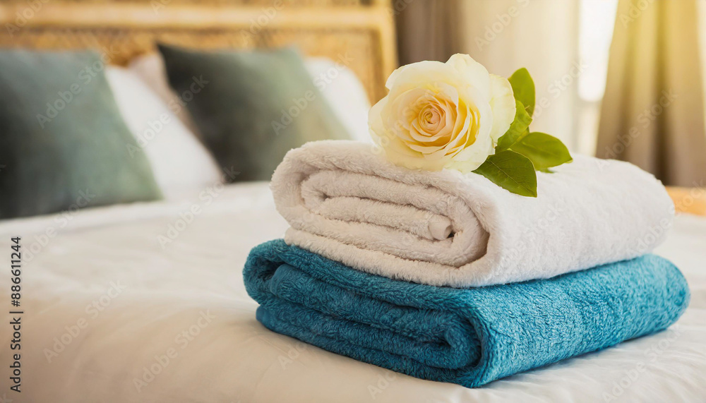 Stack of clean towels with flowers on bed in apartment. Stack of clean towels with flowers on bed in apartment.