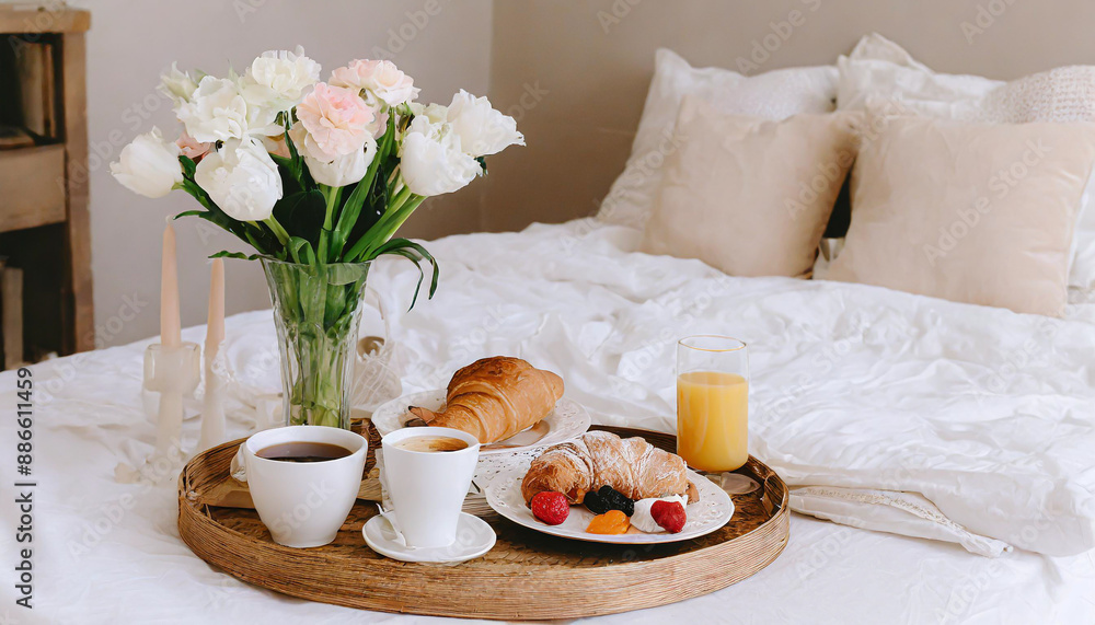 Traditional romantic breakfast in bed in white and beige bedroom Traditional romantic breakfast in bed in white and beige bedroom