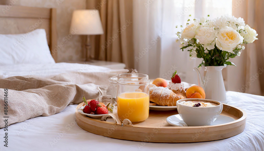 Traditional romantic breakfast in bed in white and beige bedroom Traditional romantic breakfast in bed in white and beige bedroom