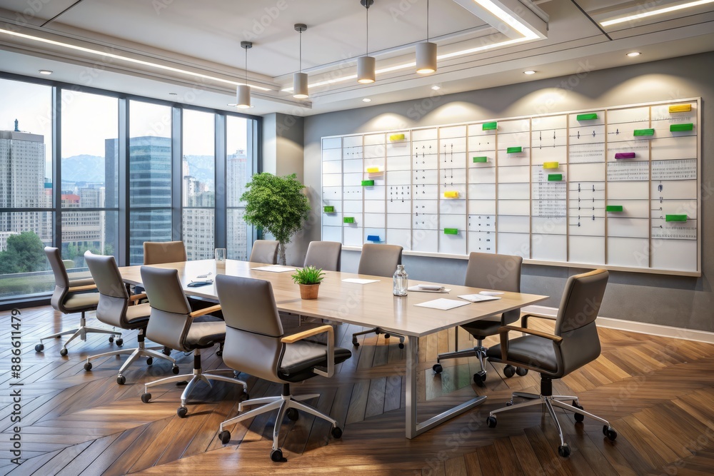 A modern conference room with a large whiteboard showing a complex project timeline, surrounded by empty chairs and scattered papers, conveys effective leadership. A modern conference room with a large whiteboard showing a complex project timeline, surrounded by empty chairs and scattered papers, conveys effective leadership.
