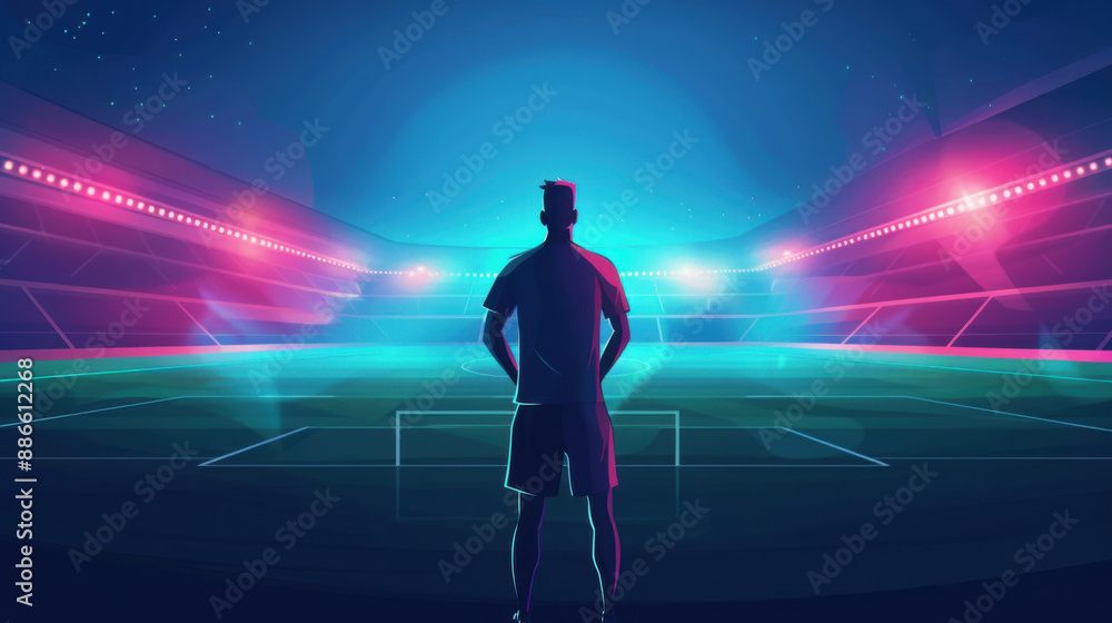 A soccer player standing in a brightly lit stadium at night, with vibrant lights and an empty field, ready for a game. A soccer player standing in a brightly lit stadium at night, with vibrant lights and an empty field, ready for a game.