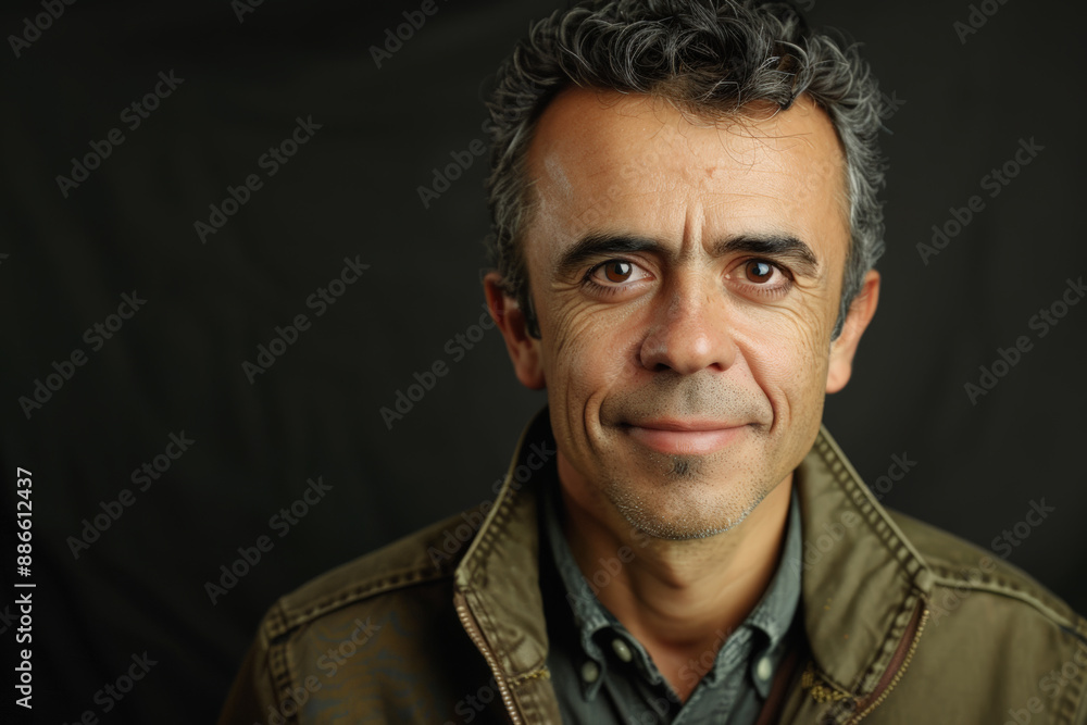 Close-up portrait of a middle aged Latino man, studio photo, against a sleek gray studio backdrop Close-up portrait of a middle aged Latino man, studio photo, against a sleek gray studio backdrop