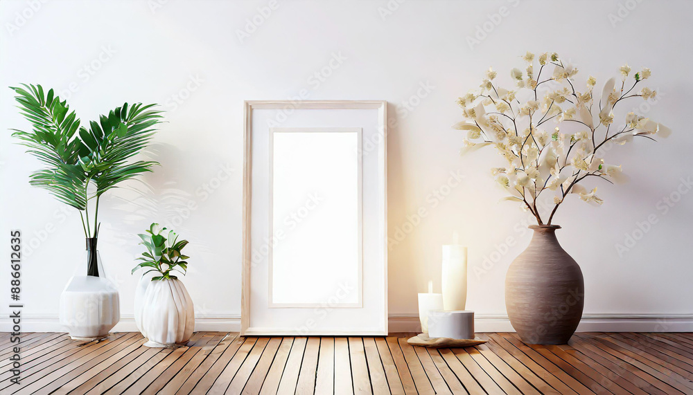 White rectangular vertical frame hanging on a white wall mockup White rectangular vertical frame hanging on a white wall mockup
