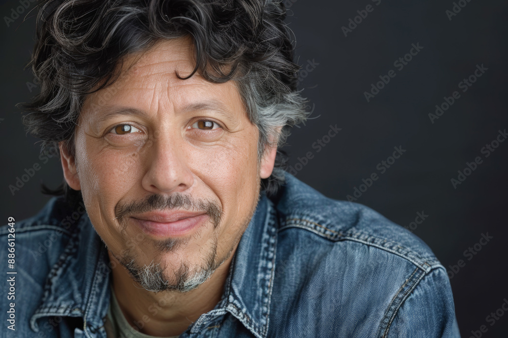 Close-up portrait of a middle aged Latino man, studio photo, against a sleek gray studio backdrop Close-up portrait of a middle aged Latino man, studio photo, against a sleek gray studio backdrop