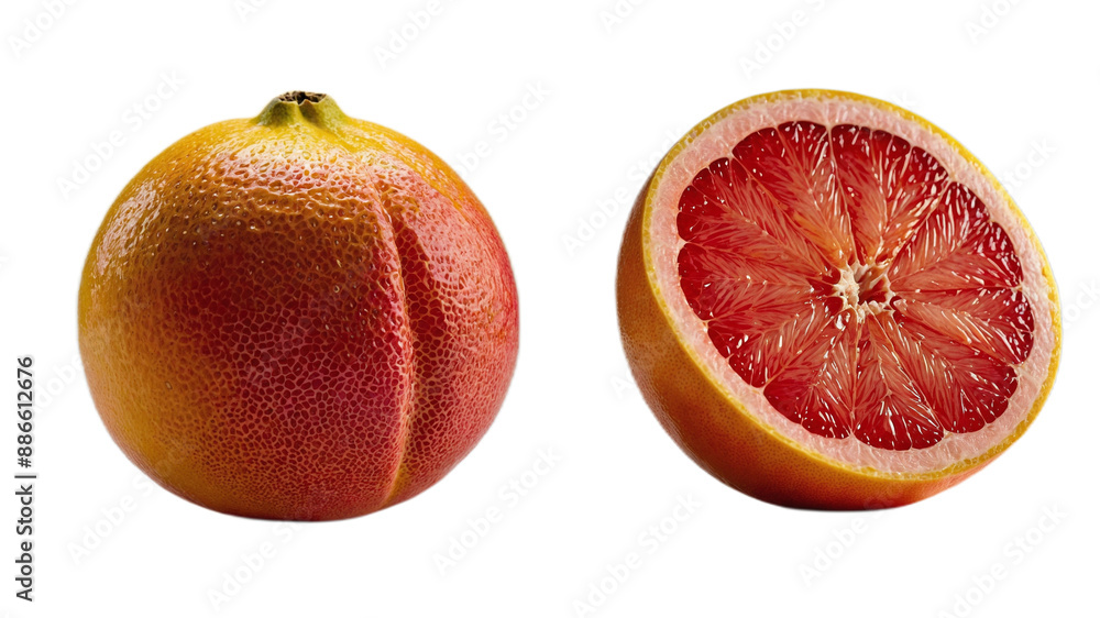 Vibrant grapefruit: whole and halved revealing juicy red interior Vibrant grapefruit: whole and halved revealing juicy red interior