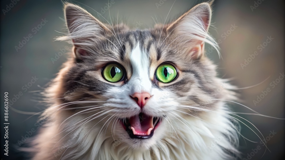 Adorable white and grey furry feline with piercing bright green eyes and open mouth revealing sharp teeth, showcasing playful and mischievous personality traits. Adorable white and grey furry feline with piercing bright green eyes and open mouth revealing sharp teeth, showcasing playful and mischievous personality traits.
